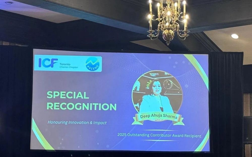 ICF Toronto Charter Chapter special recognition slide naming Deep Ahuja Sharma the 2025 Outstanding Contributor Award recipient